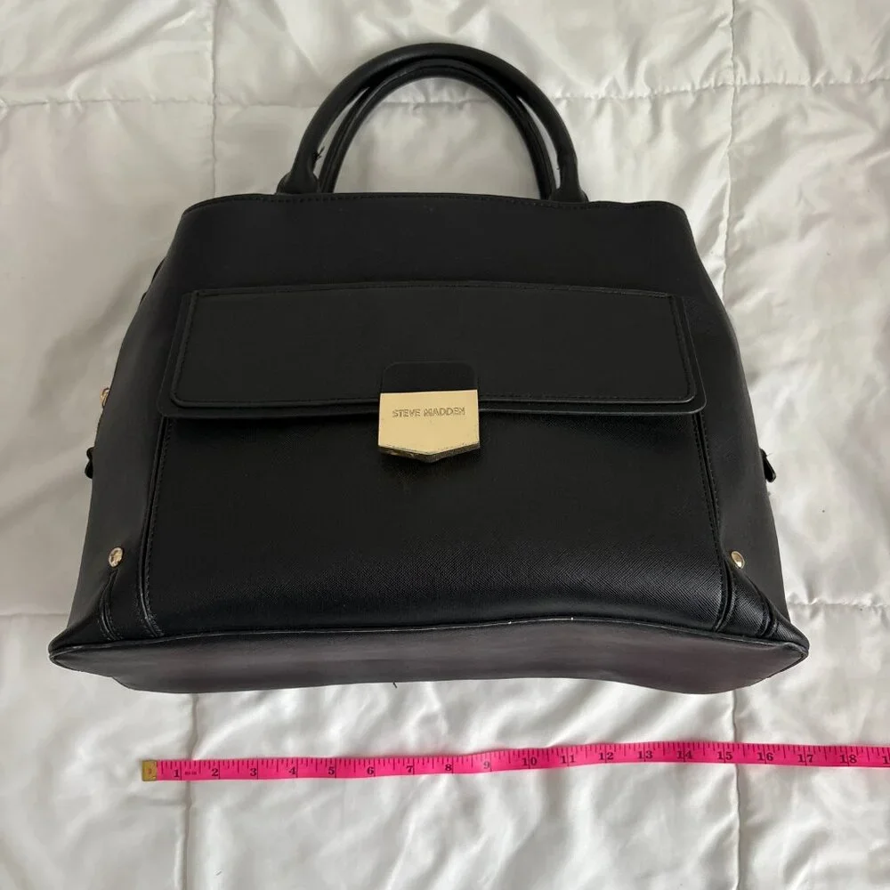 Steve Madden Black Satchel Front Flap Pocket Gold Tone Hardware Quiet Luxury